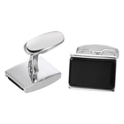 Black Onyx Stone Centre Curved Rectangular Cufflinks Silver Front Bottom View