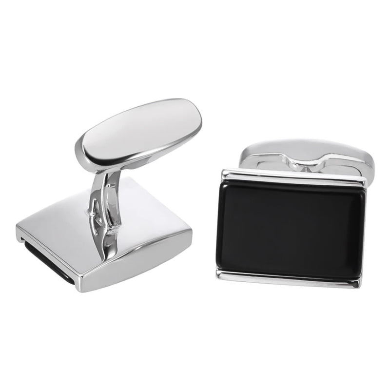 Black Onyx Stone Centre Curved Rectangular Cufflinks Silver Front Bottom View