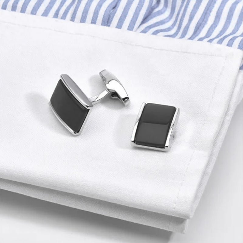 Black Onyx Stone Centre Curved Rectangular Cufflinks Silver On Shirt Sleeve