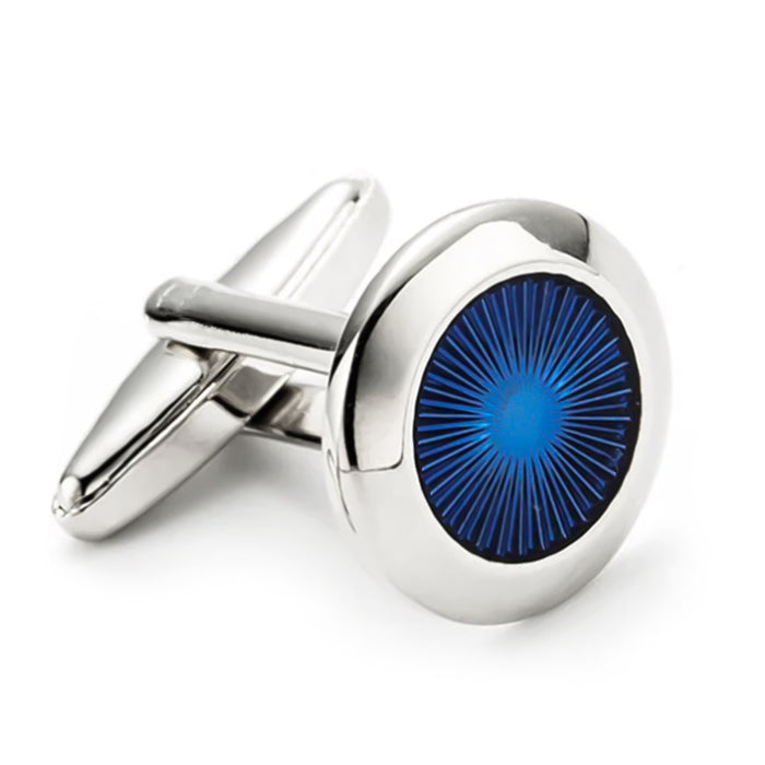 Round Angled Enamel Star Cufflinks Silver and Navy Blue Front View