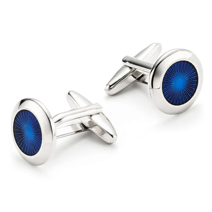 Round Angled Enamel Star Cufflinks Silver and Navy Blue Front Pair