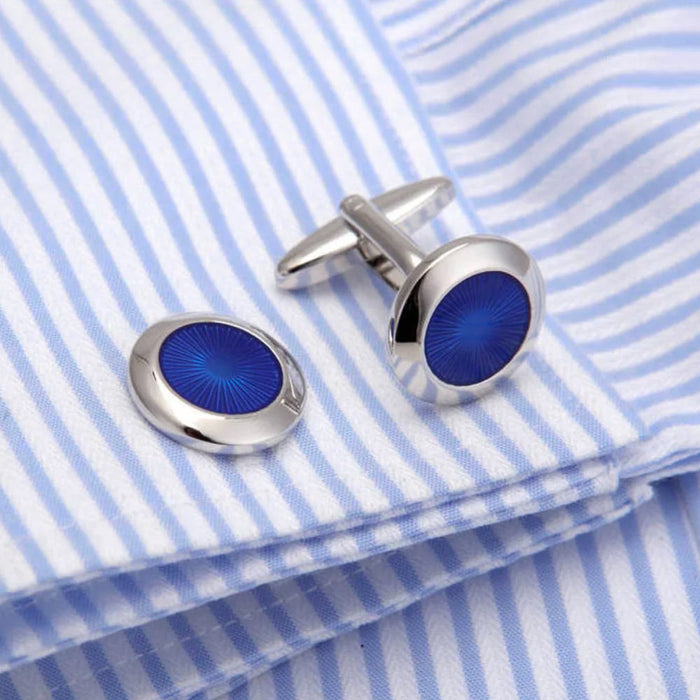 Round Angled Enamel Star Cufflinks Silver and Navy Blue On Shirt Sleeve