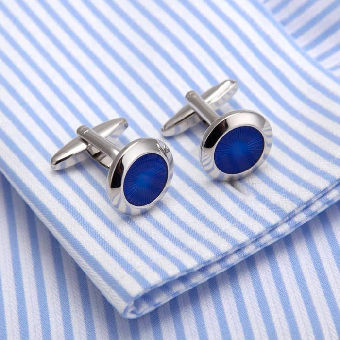Cufflinks - Round Enamel Star Centre Angled (Silver & Navy Blue)