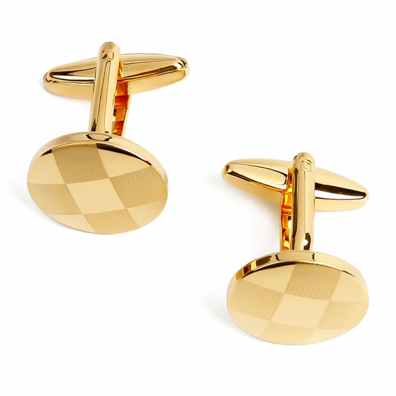 Round Domed Checker Block Cufflinks Gold Top View