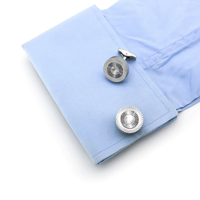 Round Flat Silver Cufflinks Knurling Pattern On Shirt Sleeve