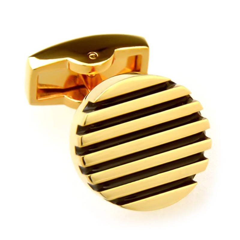 Round Flat Stripe Design Pattern Cufflinks Gold and Black Front View