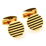 Round Flat Stripe Design Pattern Cufflinks Gold and Black Front Pair