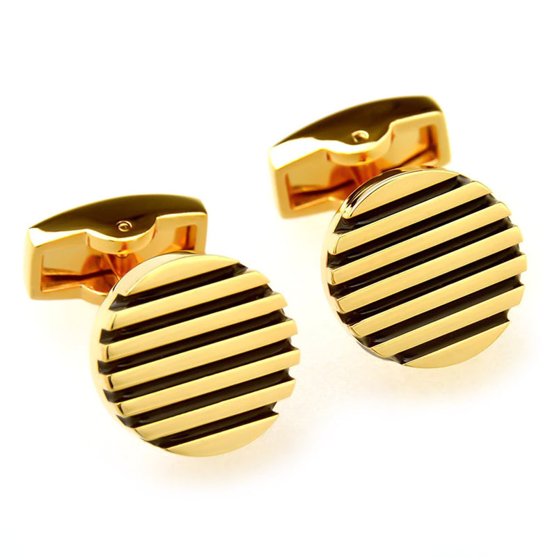 Round Flat Stripe Design Pattern Cufflinks Gold and Black Front Pair