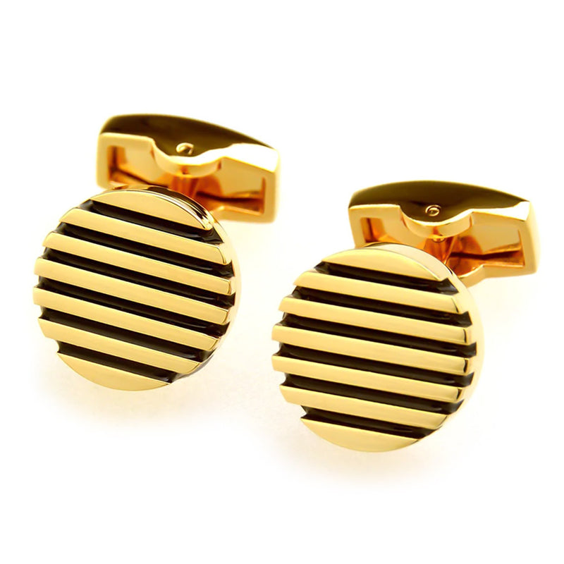 Round Flat Stripe Design Pattern Cufflinks Gold and Black Side View