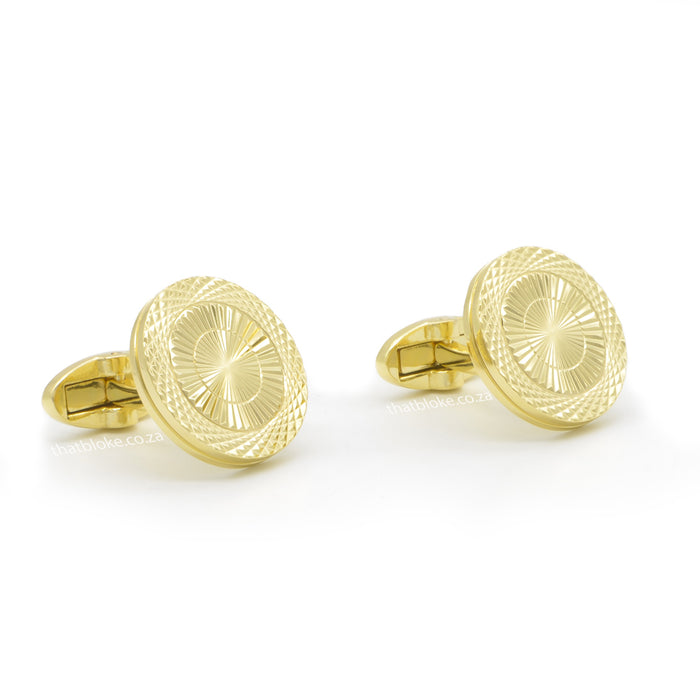 Round Flat Thin Gold Cufflinks Knurling Pattern Front Pair View