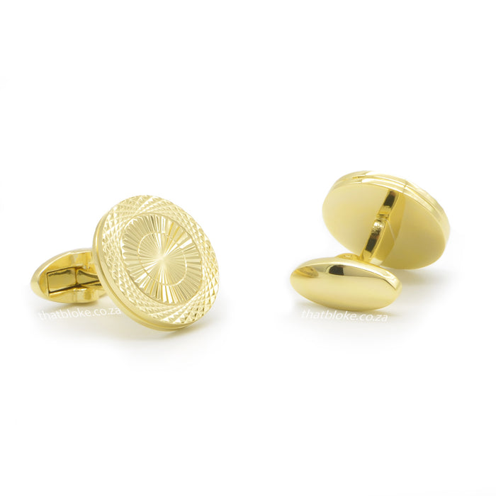 Round Flat Thin Gold Cufflinks Knurling Pattern Front and Back View