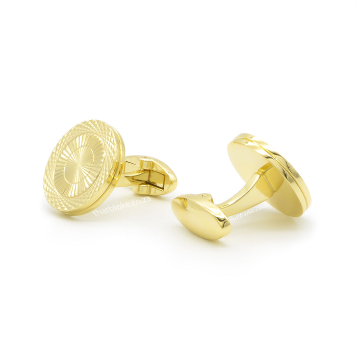 Round Flat Thin Gold Cufflinks Knurling Pattern Side View