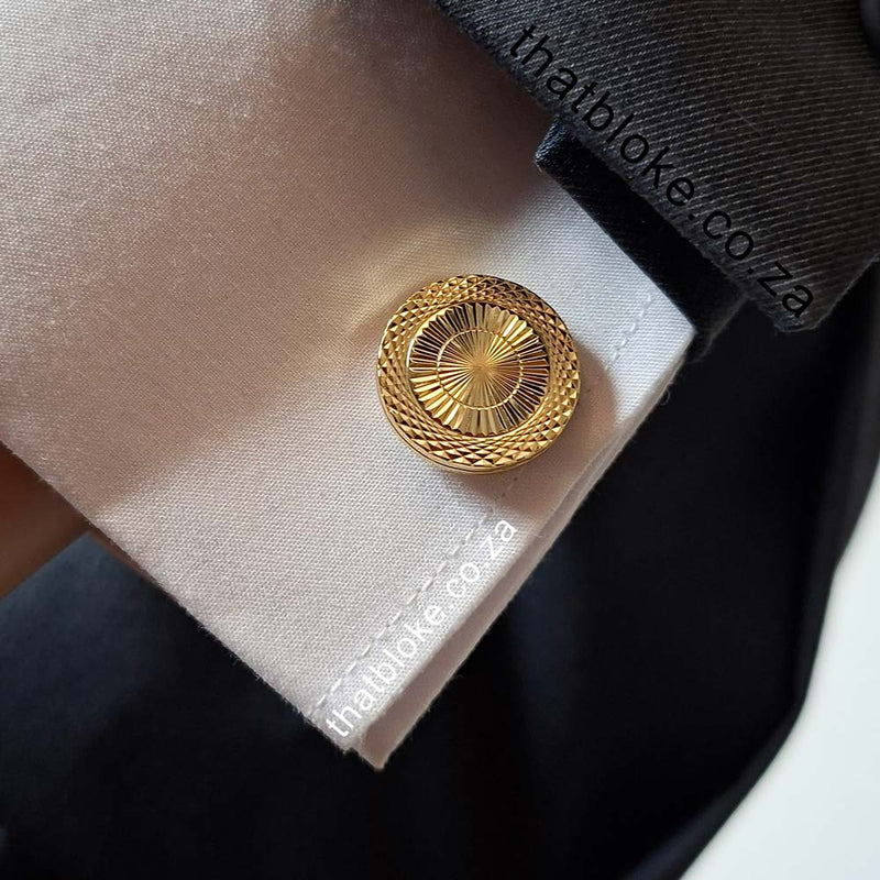 Cufflinks - Round Flat Thin Knurling Pattern (Gold)