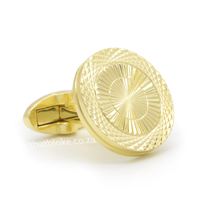 Round Flat Thin Gold Cufflinks Knurling Pattern Front View