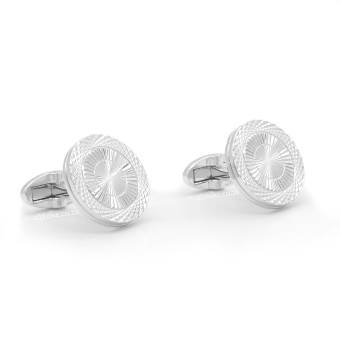 Round Flat Thin Silver Cufflinks Knurling Pattern Front Pair View