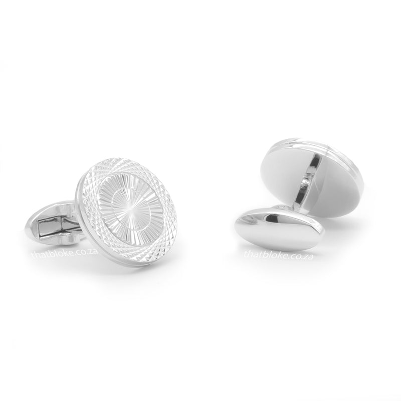 Round Flat Thin Silver Cufflinks Knurling Pattern Front and Back View