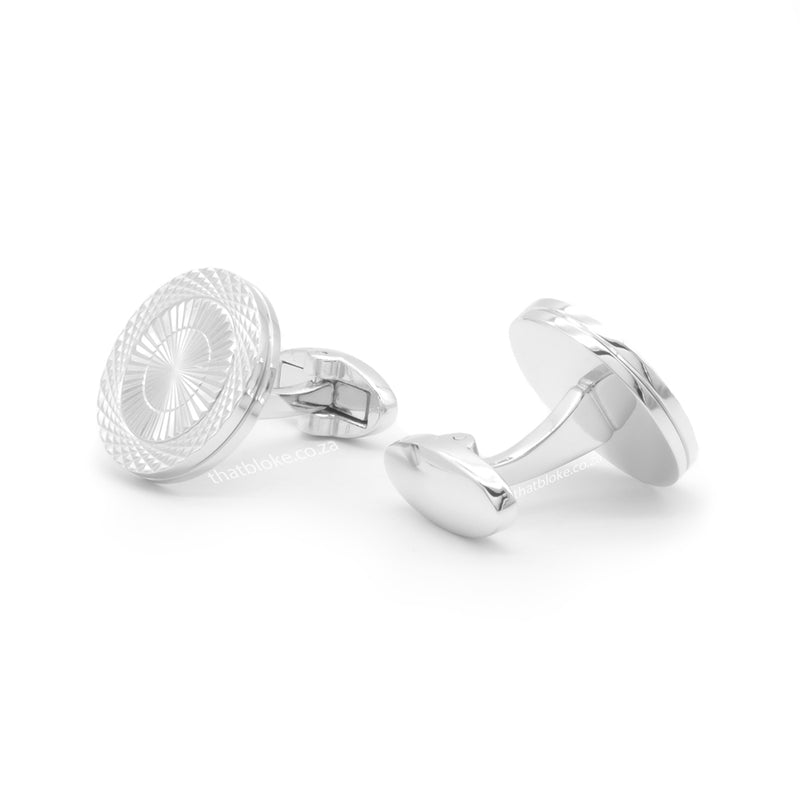 Round Flat Thin Silver Cufflinks Knurling Pattern Side View