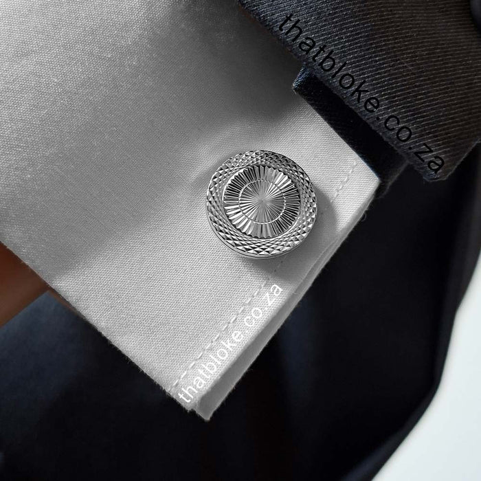 Cufflinks - Round Flat Thin Knurling Pattern (Silver)