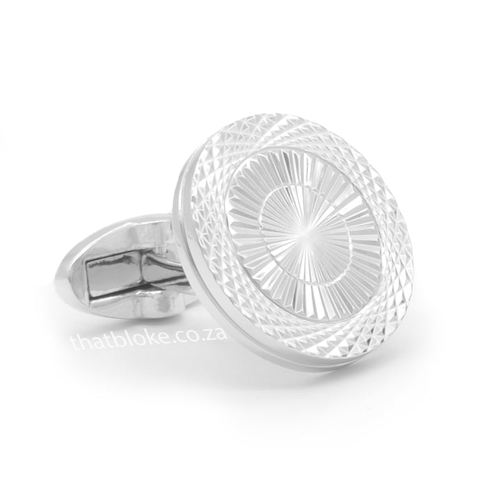 Round Flat Thin Silver Cufflinks Knurling Pattern Front View