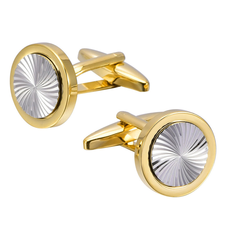 Flat Round Vortex Pattern Cufflinks Gold and Silver Pair View