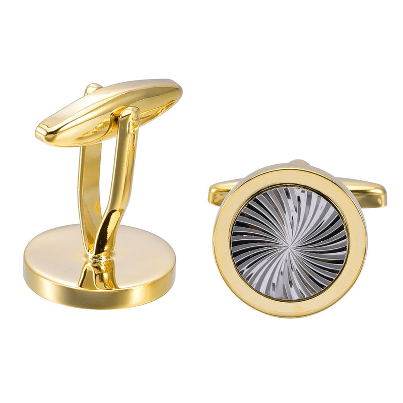 Flat Round Vortex Pattern Cufflinks Gold and Silver Front Bottom View
