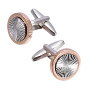 Flat Round Vortex Pattern Cufflinks Silver and Rose Gold Pair View