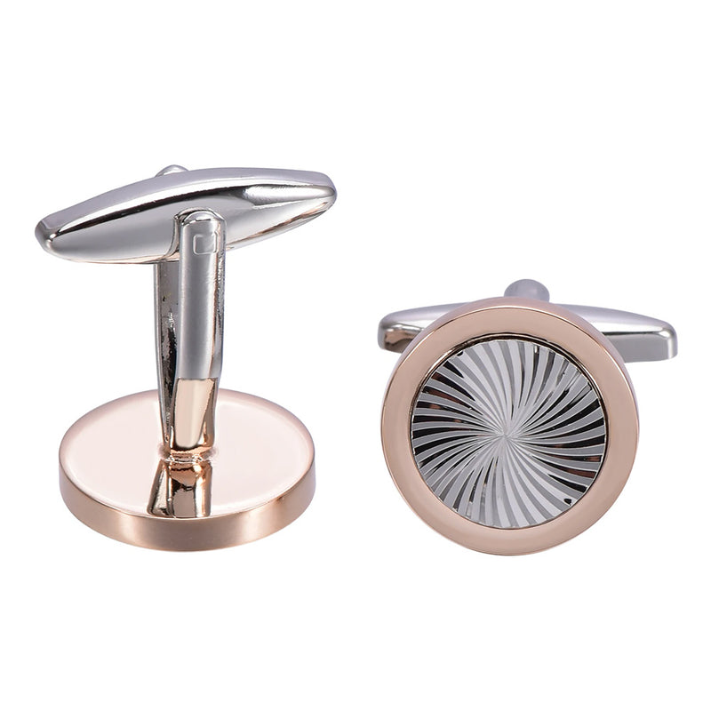 Flat Round Vortex Pattern Cufflinks Silver and Rose Gold Front Bottom View