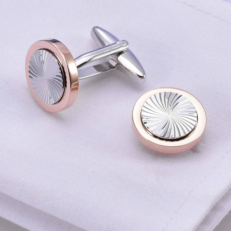 Cufflinks - Round Flat Vortex Pattern Layer (Silver & Rose Gold)