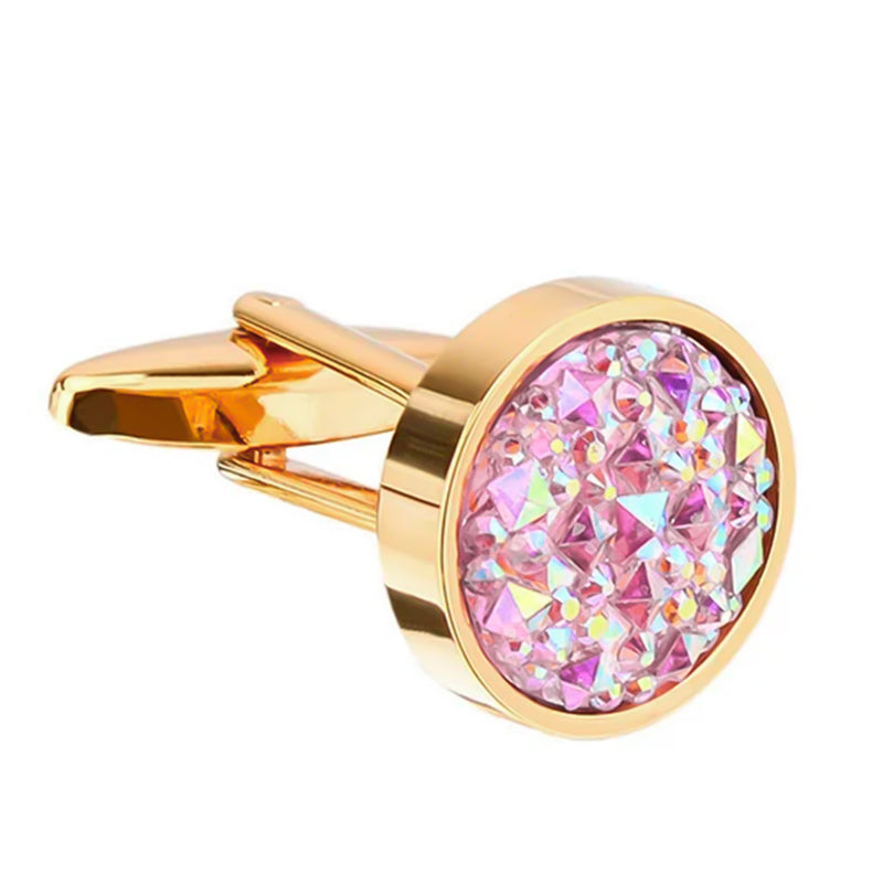 Round Geometric Stone Pattern Cufflinks Gold and Light Pink Front View