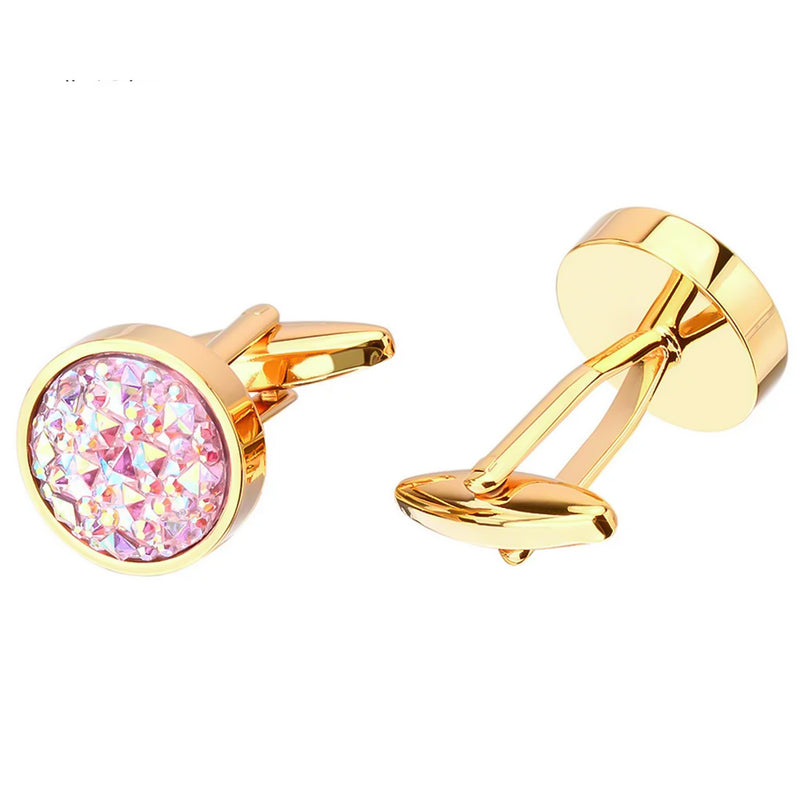 Round Geometric Stone Pattern Cufflinks Gold and Light Pink Front and Back View