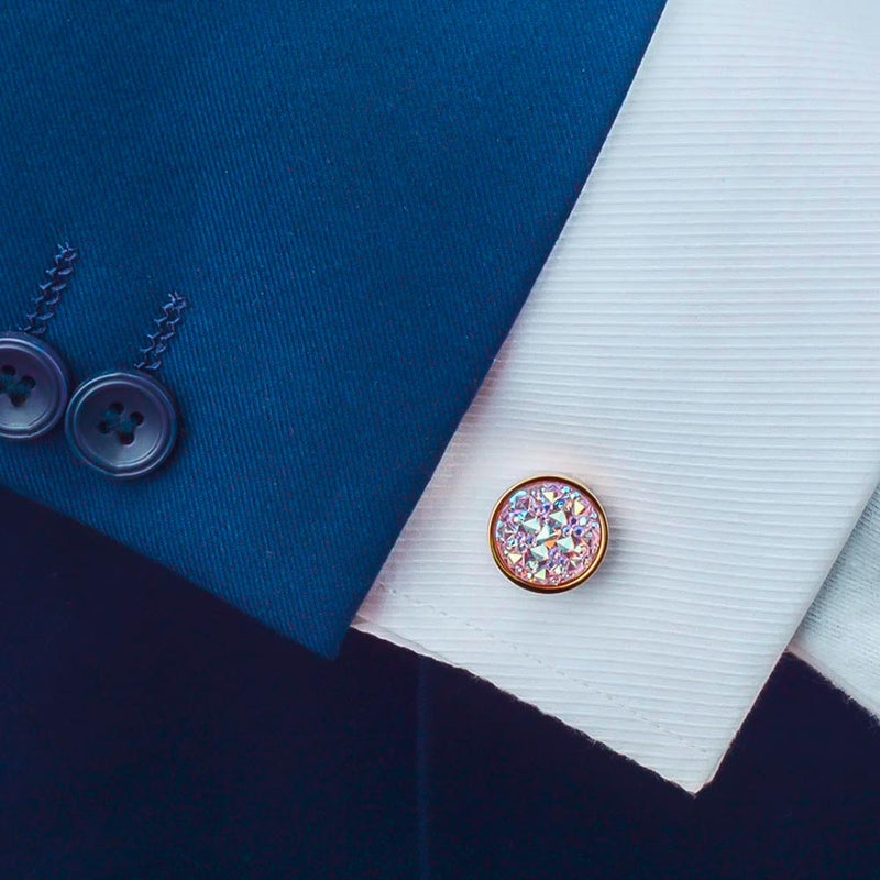 Round Geometric Stone Pattern Cufflinks Gold and Light Pink On Shirt Sleeve