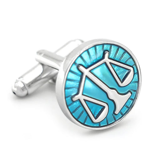 Scales Of Justice Cufflinks Silver & Blue Round Front View