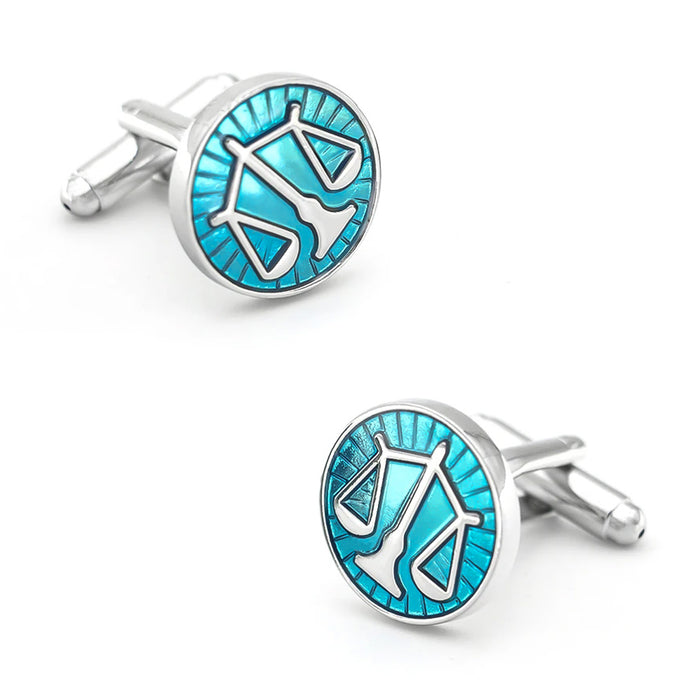 Scales Of Justice Cufflinks Silver & Blue Round Pair Side View