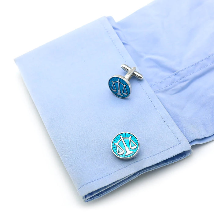 Scales Of Justice Cufflinks Silver & Blue Round On Shirt Sleeve