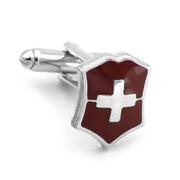 Swiss Cross Shield Cufflinks Silver and Maroon Front View