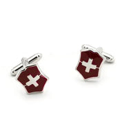 Swiss Cross Shield Cufflinks Silver and Maroon Front Pair