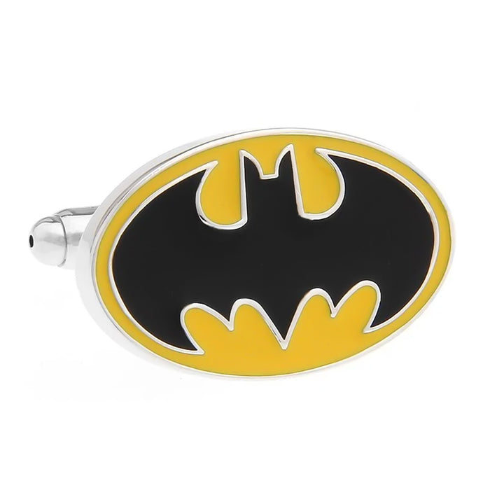 Black and Yellow Batman Cufflinks Oval Shape Silver Front View