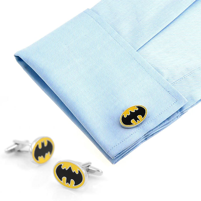 Black and Yellow Batman Cufflinks Oval Shape Silver On Shirt Sleeve