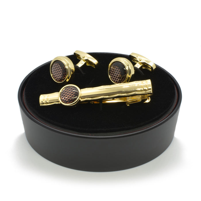 Cufflink & Tie Clip Set - Rounded Brown Stone Setting (Gold)