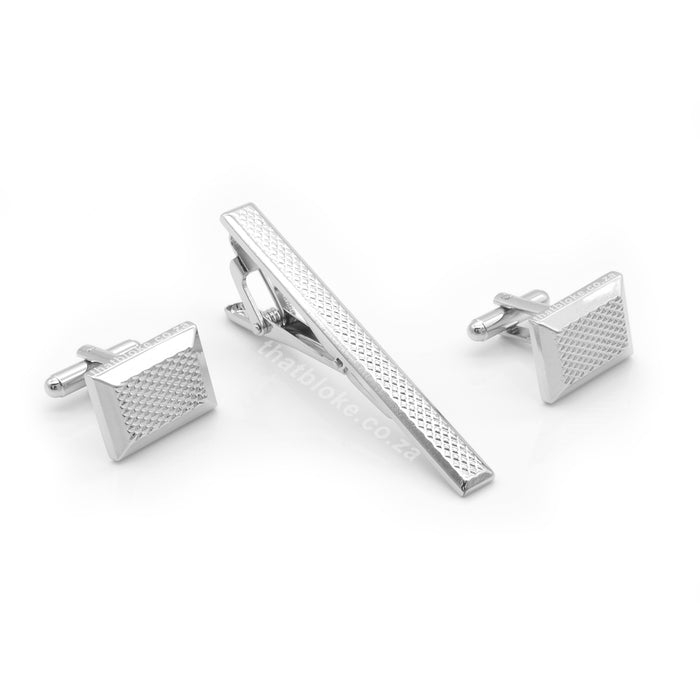 Rectangular Cufflinks and Tie Clip Set For Men Angled Engraved Diamond Pattern Centre Silver