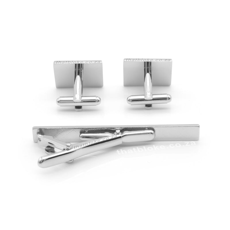 Cufflink & Tie Clip Set - Rectangular Cross Engraved Pattern (Silver)