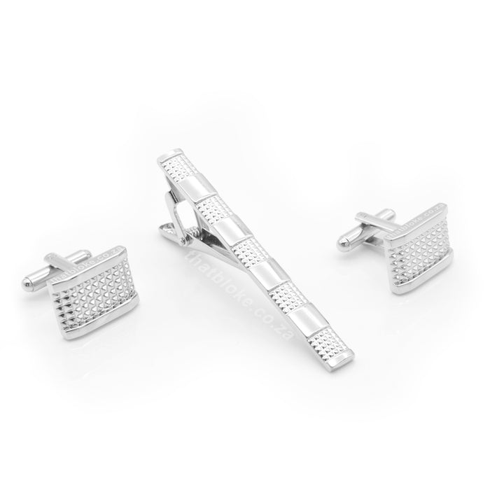 Rectangular Cufflink and Tie clip Set For Men Engraved Centre Block Pattern Silver