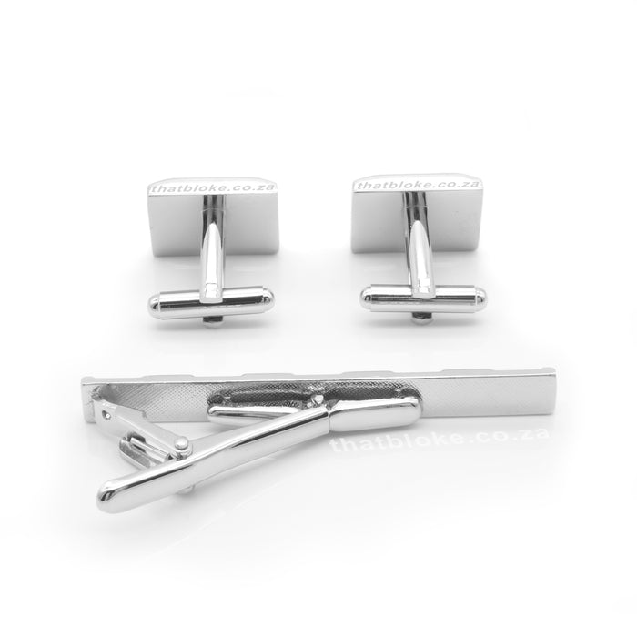 Cufflink & Tie Clip Set - Rectangular Centre Engraved Block Pattern (Silver)