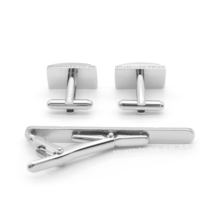 Cufflink & Tie Clip Set - Rectangular Cross Split Rounded Brushed & Glossy (Silver)