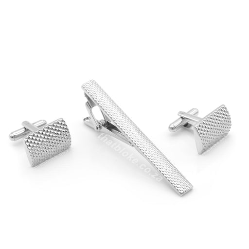 Rectangular Cufflink and Tie Clip Set For Men Curved Engraved Diamond Pattern Design Silver