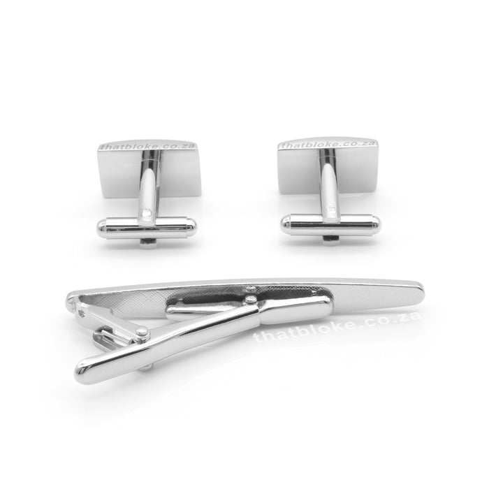 Cufflink & Tie Clip Set - Rectangular Brushed Curved Oval (Silver)