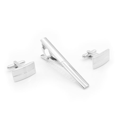 Rectangular Cufflink and Tie Clip Set For Men Half Split Brushed and Glossy Silver