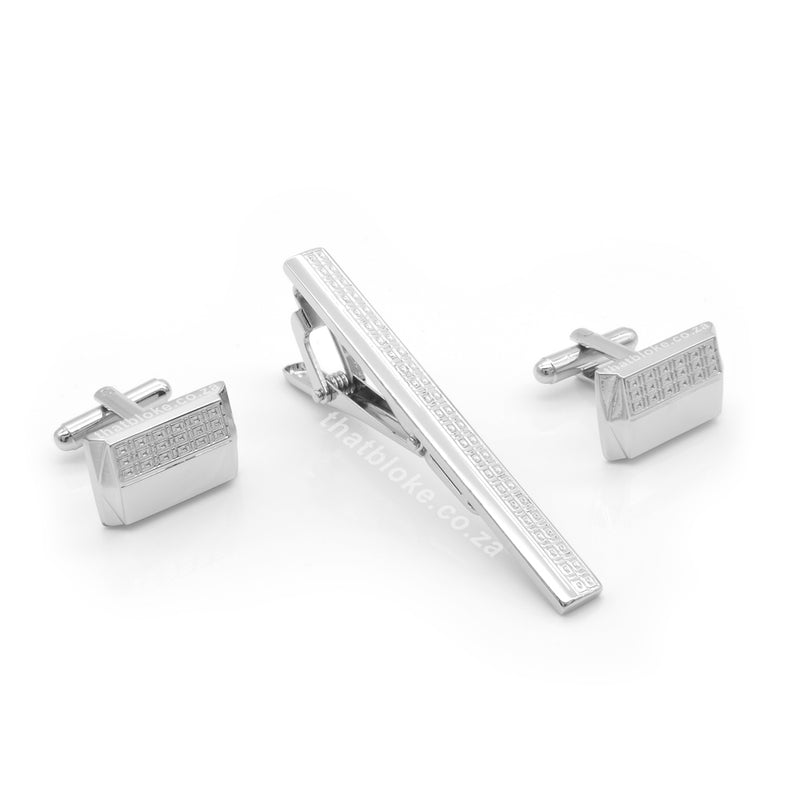 Rectangular Cufflink Tie Clip Set For Men Angled Half Split Engraved Pattern Silver