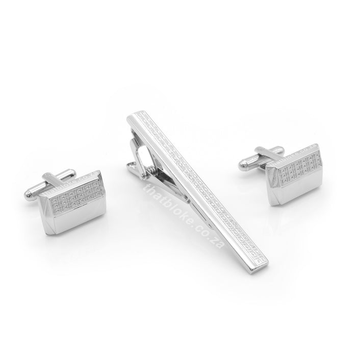 Rectangular Cufflink Tie Clip Set For Men Angled Half Split Engraved Pattern Silver