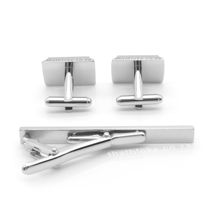 Cufflink & Tie Clip Set - Rectangular Angled Half Split Engraved Pattern (Silver)